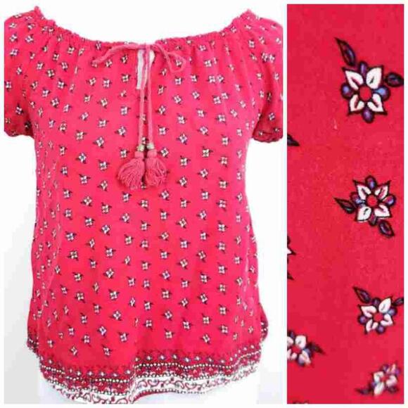 Forever 21 Peasant Blouse Front Tie Floral Red Blue Short Sleeve Summer Top Boho - Picture 1 of 10
